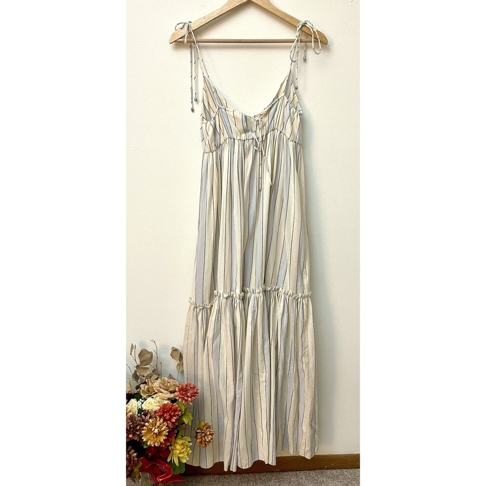 ZIMMERMANN Tiered Maxi Dress Cotton Tie Strap Natural Blue Metallic Stripe S - Picture 8 of 16